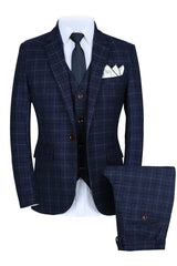 Custom Blue Notched Lapel Three-Piece Plaid Business Suit for Men