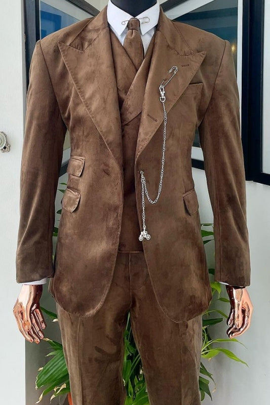 Custom Brown Peak Lapel Three-Piece Velvet Prom Suits