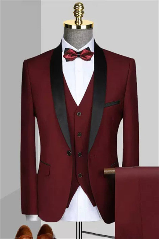 Custom Burgundy Shawl Collar Three-Piece Groom's Suit