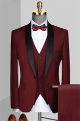 Custom Burgundy Shawl Collar Three-Piece Groom's Suit