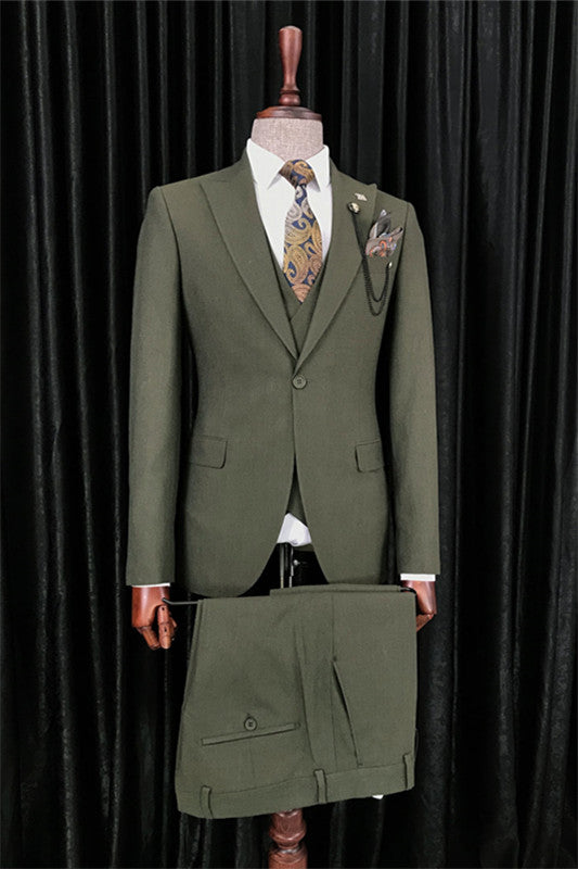 Custom Dark Green Peak Lapel Business Suit for Men