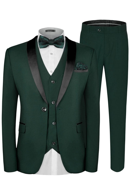 Custom Deep Green Shawl Lapel Three-Piece Suit for Men's Wedding