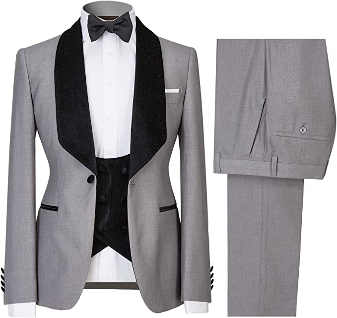 Custom Gray Shawl Collar Three-Piece Groom's Wedding Ensemble