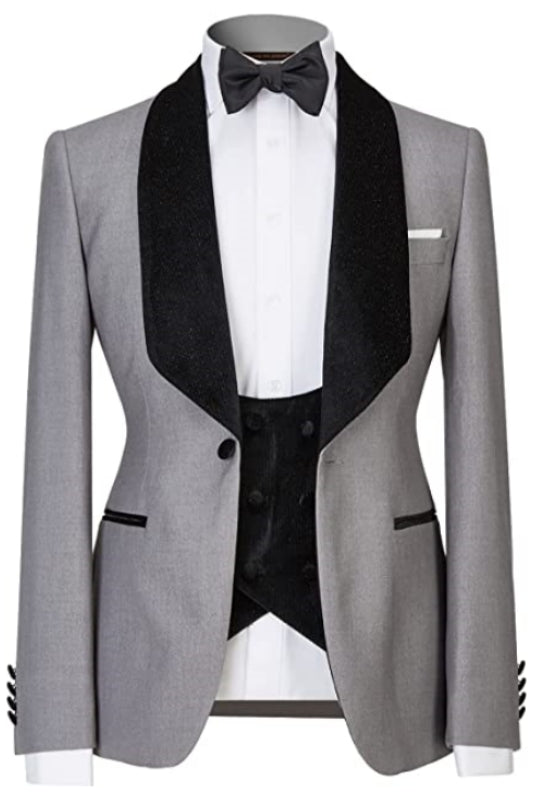 Custom Gray Shawl Collar Three-Piece Groom's Wedding Ensemble