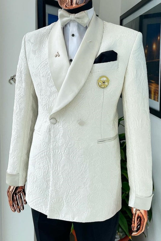 Custom Ivory Shawl Collar Double Breasted Jacquard Groom's Wedding Suit