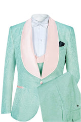 Custom Light Green Jacquard Groom's Suit With Shawl Collar