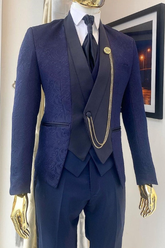 Custom-Made Navy Blue Shawl Collar Three-Piece Jacquard Wedding Suit
