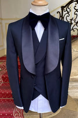 Custom Navy Blue Shawl Lapel Three-Piece Wedding Suits
