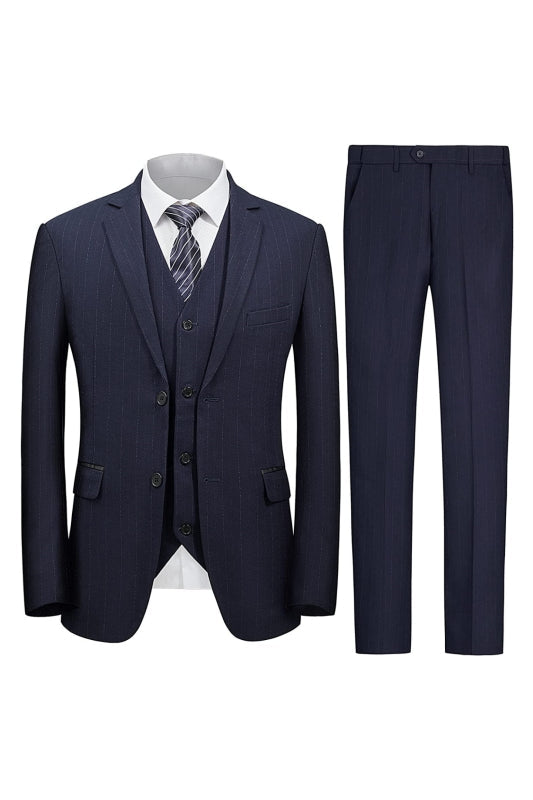 Custom Navy Blue Three-Piece Notch Lapel Business Suit for Men