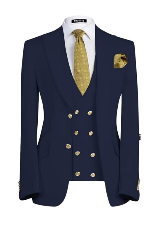 Custom Navy Blue Three-Piece Peak Lapel Business Suit for Men