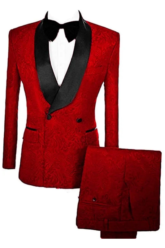 Custom Red Double Breasted Jacquard Groom's Suit With Velvet Lapel