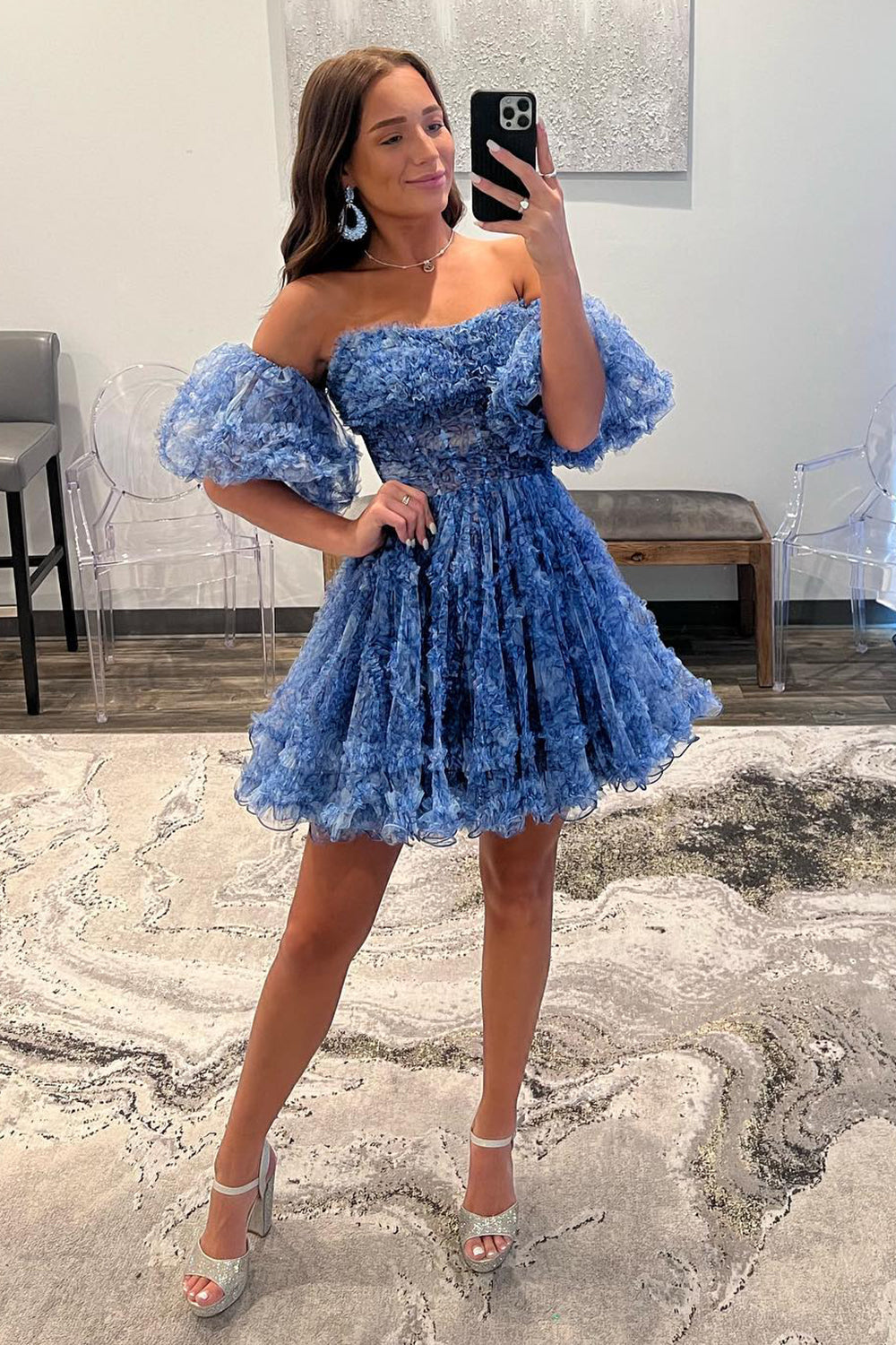 Cute A Line Off the Shoulder Blue Printed Detachable Sleeves Ruffled Short Homecoming Dress