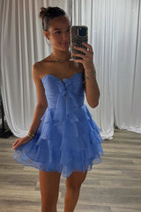 Cute Blue Chiffon A Line Tiered Short Homecoming Dress with Ruffles