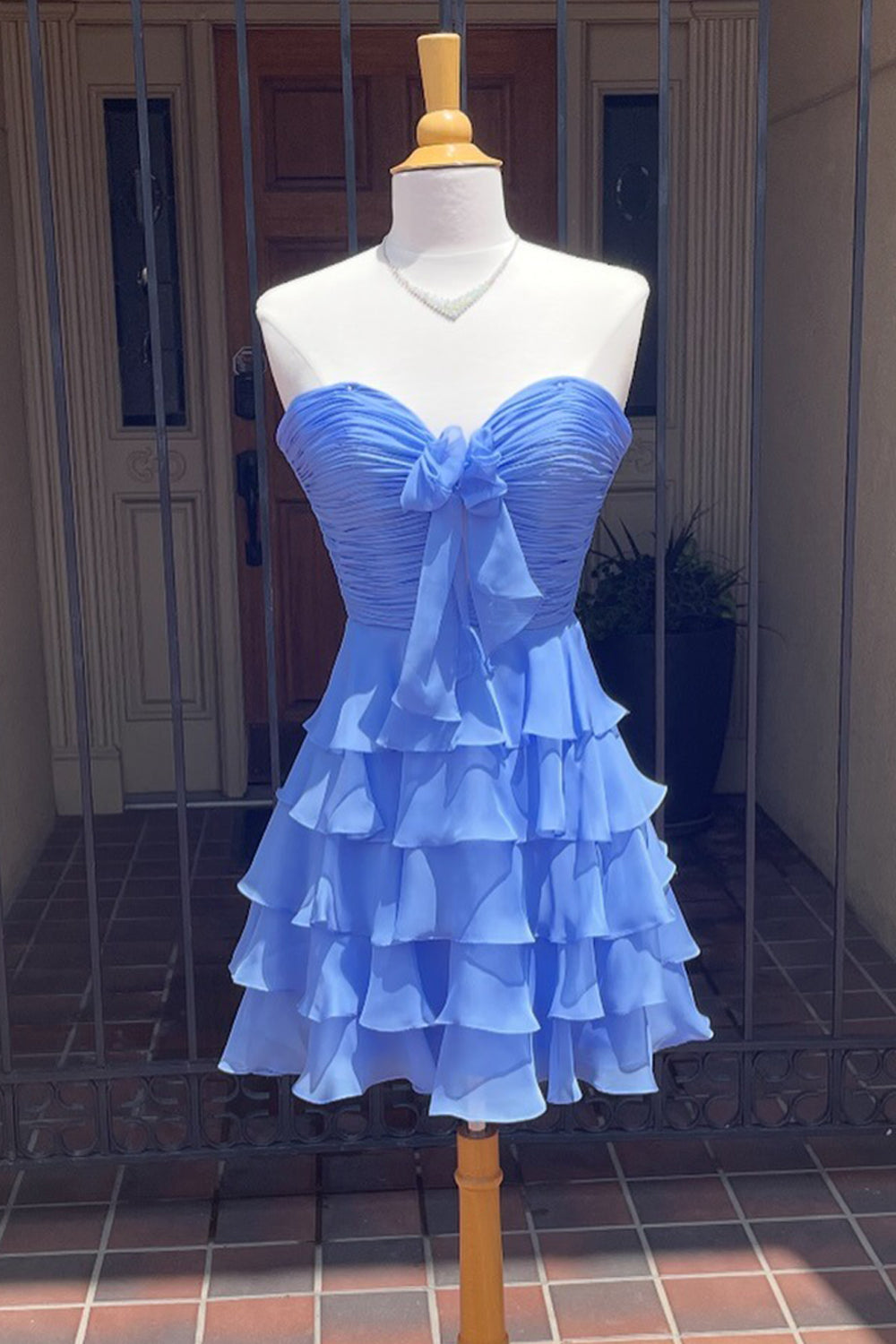 Cute Blue Chiffon A Line Tiered Short Homecoming Dress with Ruffles