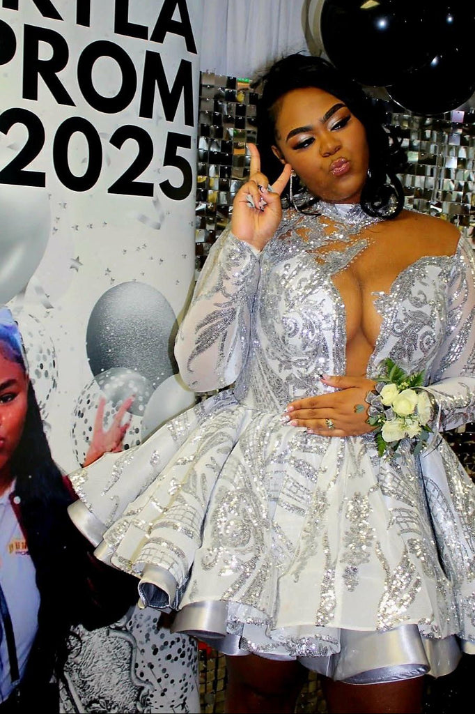 short silver dress with long sleeves Cute Short Silver V-Neck Long Sleeves Ball Gown Prom Dress with Sequined  Appliques