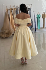Daffodil Off-Shoulder Ruched Satin Cocktail Dress V-Neck A-Line Tea Length Party Gown