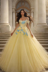 Yellow Off-the-Shoulder Short Sleeve Ball Gown Tulle Floral Applique Formal Evening Dress