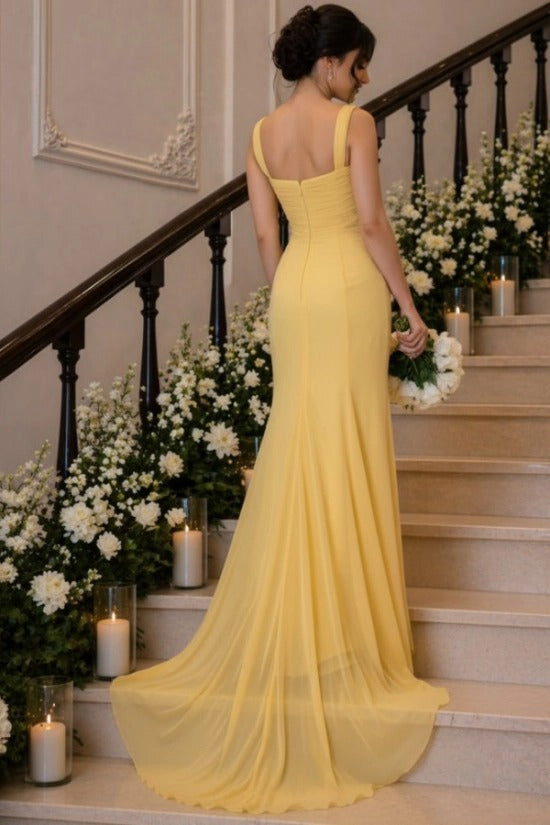 Daffodil Yellow Chiffon Mermaid Evening Dress Square Neck Wide Straps Ruched Draped Formal Gown with Sweep Train