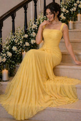 Daffodil Yellow Chiffon Mermaid Evening Dress Square Neck Wide Straps Ruched Draped Formal Gown with Sweep Train