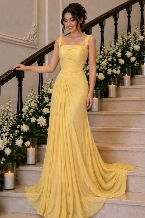 Daffodil Yellow Chiffon Mermaid Evening Dress Square Neck Wide Straps Ruched Draped Formal Gown with Sweep Train