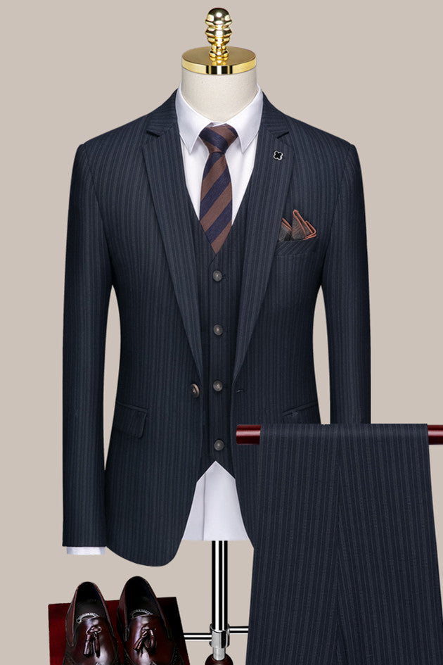 Dark Blue Striped Notch Lapel Three-Piece Formal Business Suit