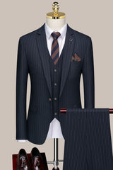 Dark Blue Striped Notch Lapel Three-Piece Formal Business Suit