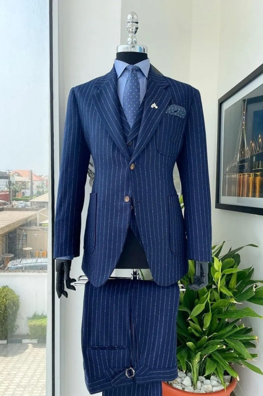 Dark Blue Striped Notched Lapel Three-Piece Bespoke Business Suit