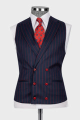 Dark Blue Striped Peaked Lapel Three-Piece Men's Business Suit