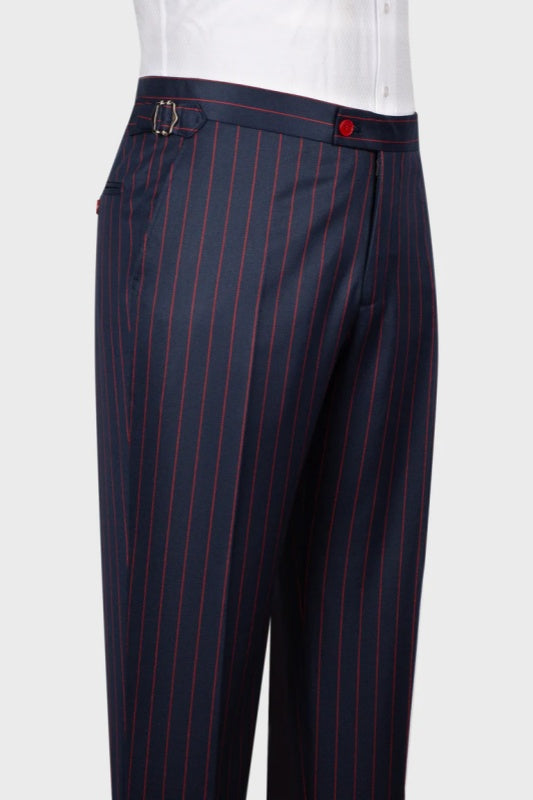 Dark Blue Striped Peaked Lapel Three-Piece Men's Business Suit