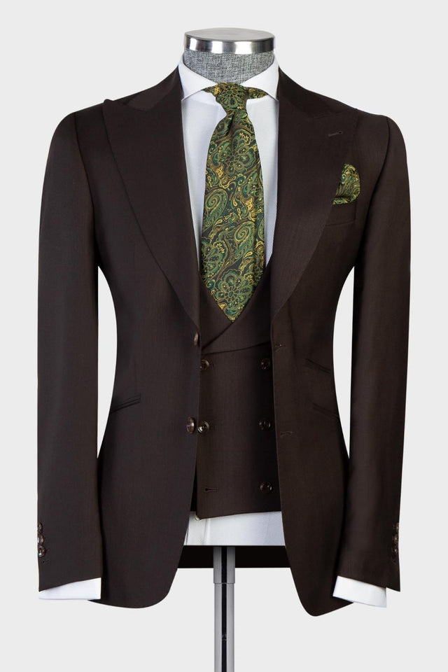 Dark Brown Latest Peaked Lapel Three-Piece Men’s Business Suits