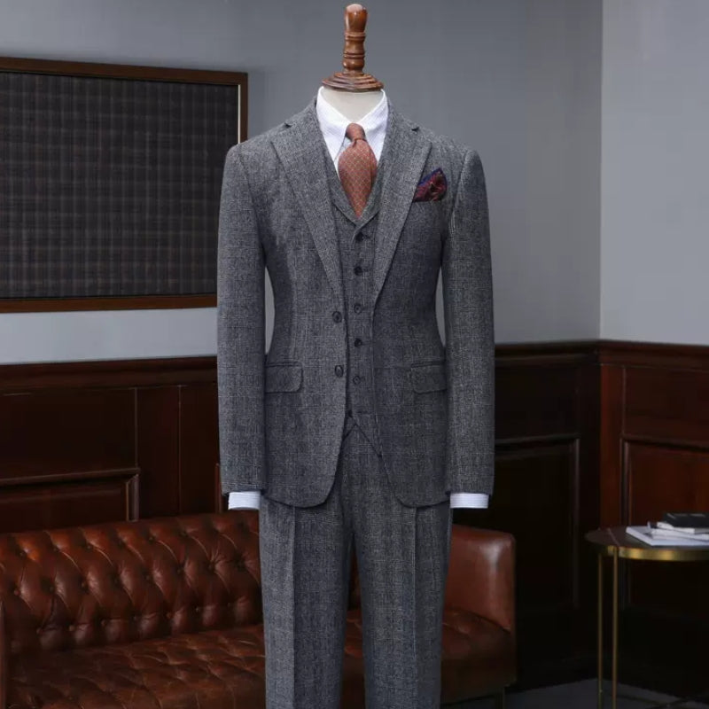 Dark Gray Fancy Plaid Notched Lapel Three-Piece Business Suit