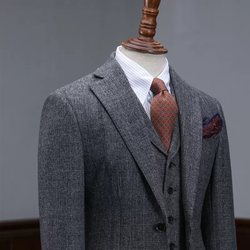 Dark Gray Fancy Plaid Notched Lapel Three-Piece Business Suit