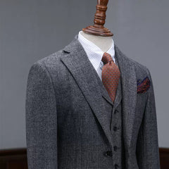 Dark Gray Fancy Plaid Notched Lapel Three-Piece Business Suit