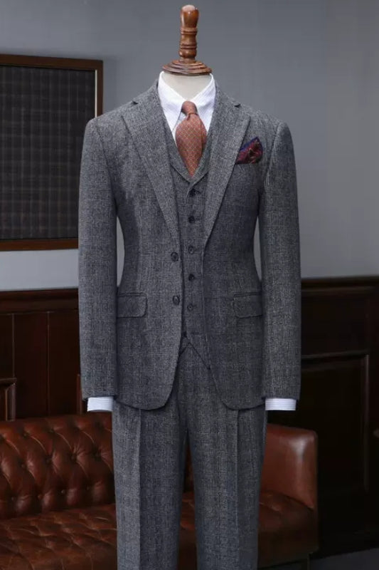 Dark Gray Fancy Plaid Notched Lapel Three-Piece Business Suit