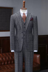 Dark Gray Fancy Plaid Notched Lapel Three-Piece Business Suit