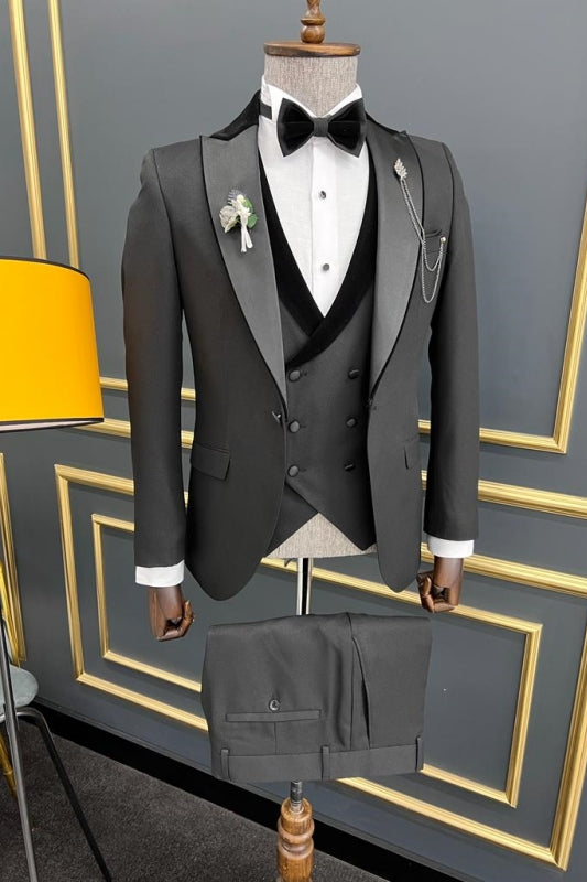 Dark Gray Peaked Lapel Three-Piece Bespoke Prom Suit