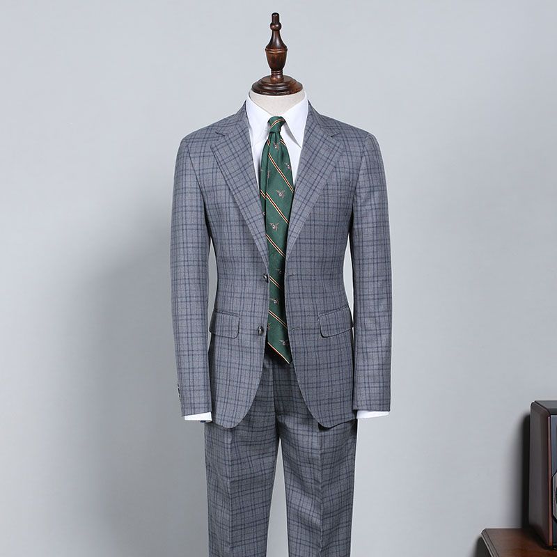 Dark Gray Plaid Notched Lapel Slim Fit Formal Men’s Suit