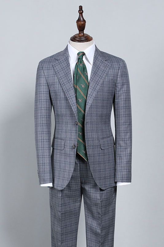 Dark Gray Plaid Notched Lapel Slim Fit Formal Men’s Suit