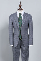 Dark Gray Plaid Notched Lapel Slim Fit Formal Men’s Suit