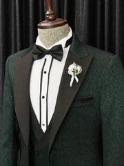 Dark Green Elegant Peaked Lapel Three-Piece Jacquard Men’s Suits