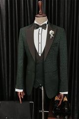 Dark Green Elegant Peaked Lapel Three-Piece Jacquard Men’s Suits