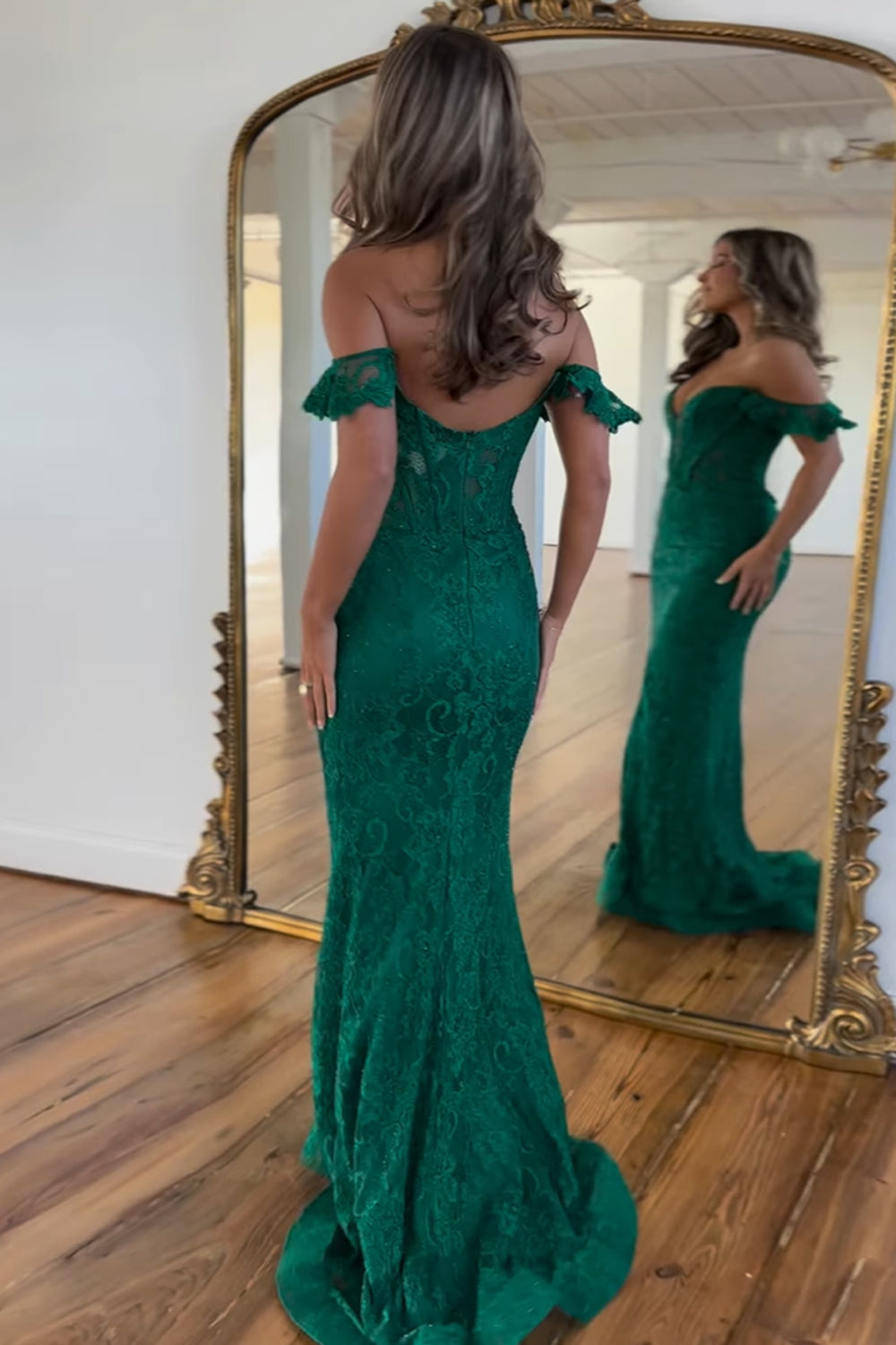 Dark Green Glitter Off-Shoulder Mermaid Corset Prom Gown with Lace