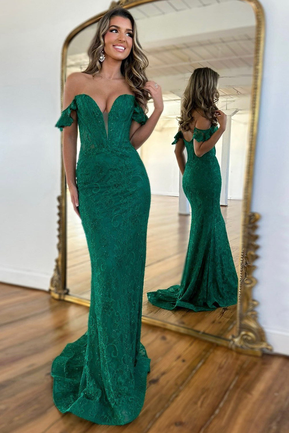 Dark Green Glitter Off-Shoulder Mermaid Corset Prom Gown with Lace