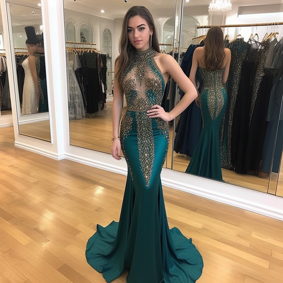Dark Green Halter Sleeveless Mermaid Sequins Beading Formal Dress