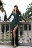 Dark Green High Split Sweetheart Mermaid Prom Dress with Sequins