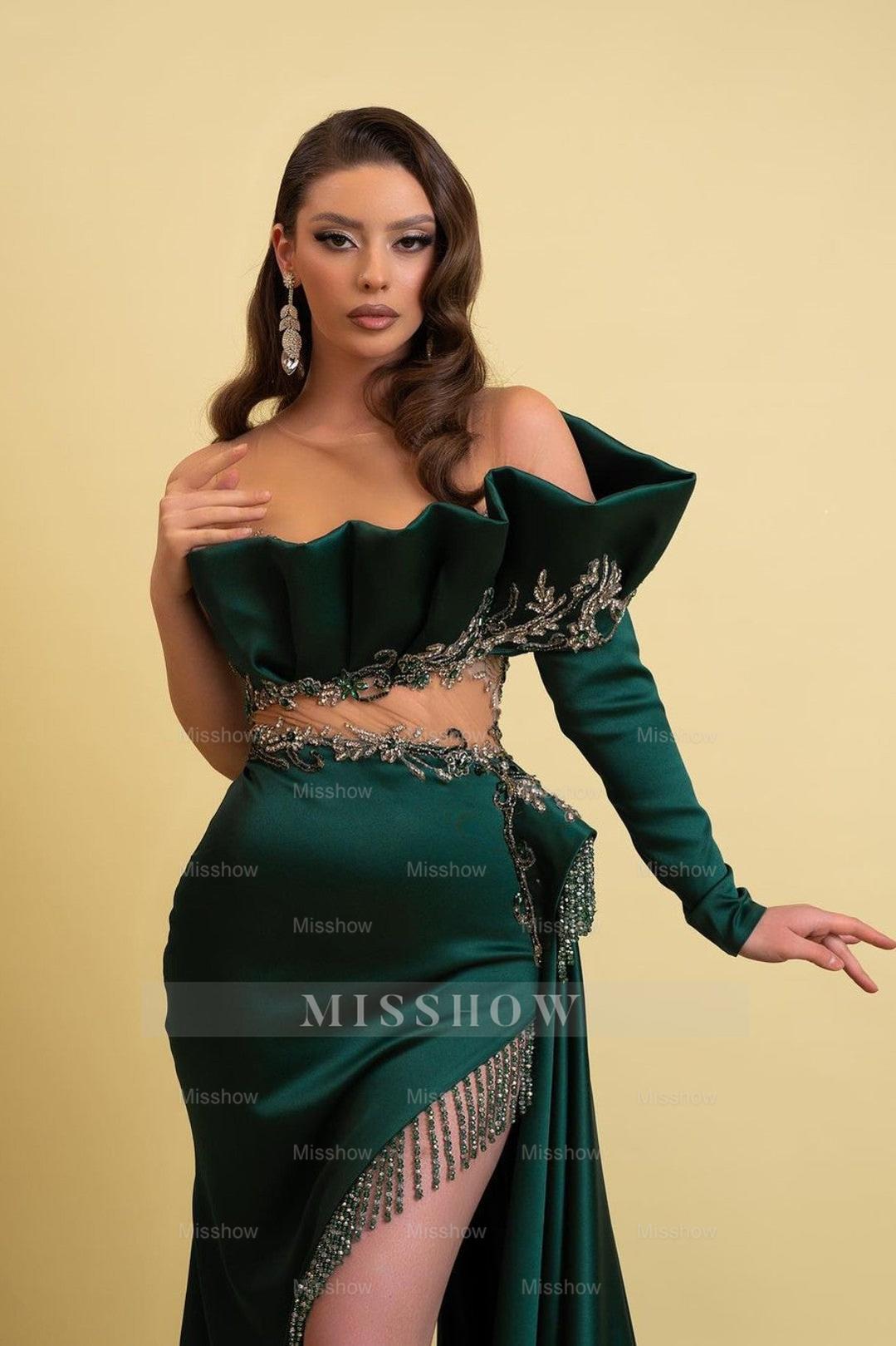 Dark Green Long Sleeves Formal Dress With Tassel High Slit Trail