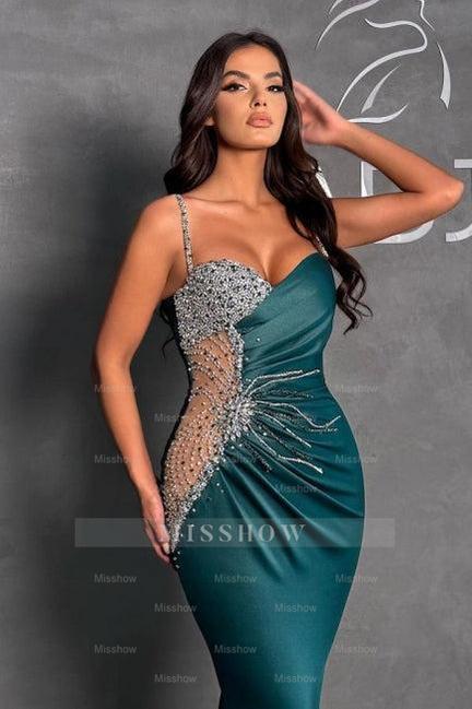 Dark green sweetheart beaded column prom dress