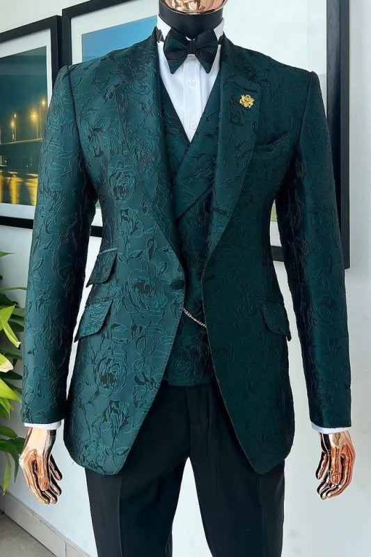 Dark Green Notched Lapel Three-Piece Slim Fit Prom Suits