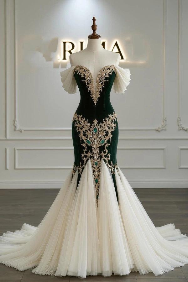 Dark Green Off-The-Shoulder Sleeveless Mermaid Velvet Ruffled Floor Formal Evening Gown
