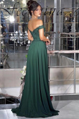 Dark Green Off-the-Shoulder Sleeveless A-Line Lace Beaded Front Slit Formal Evening Gown